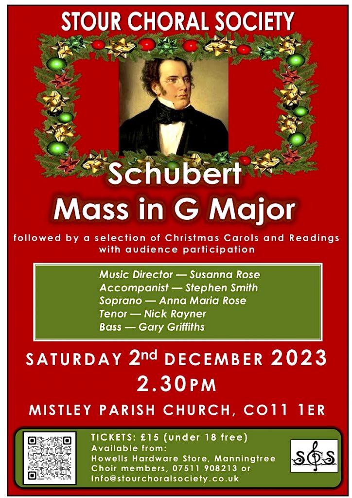 poster for Stour Choral society concert 2nd december 2023 at Mistley parish church. 2.30pm.