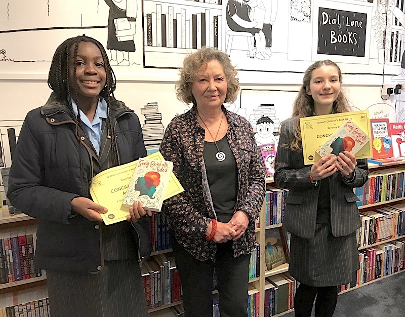 Beverley Birch and two winners of the Ipswich children's Book group writing competition