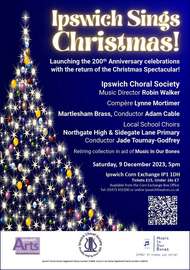Poster for Ipswich choral Society - Ipswich Sing Christmas - concert 9th december 2023 at 5pm Ipswich corn Exchange