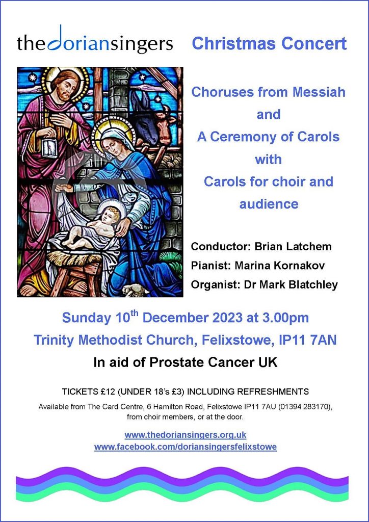 poster for Dorian singers christmas concert - 10th December 2023 at 3pm Trinity methodist church felixstowe