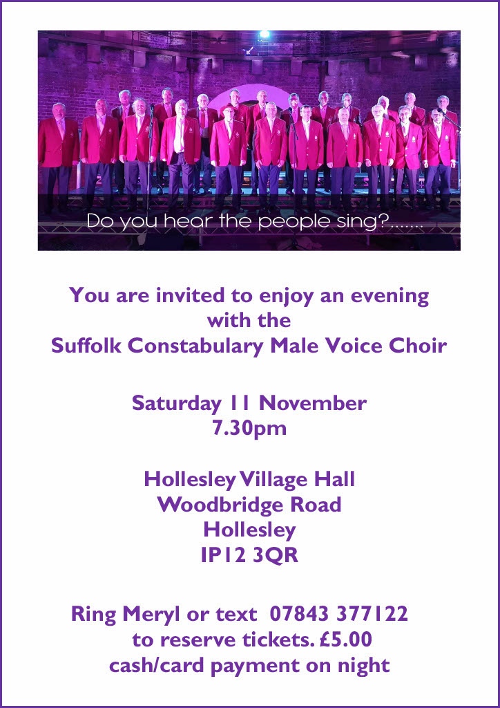poster for SCMVC Concert Hollesley Village Hall, Saturday 11th November 2023 at 7.30pm.