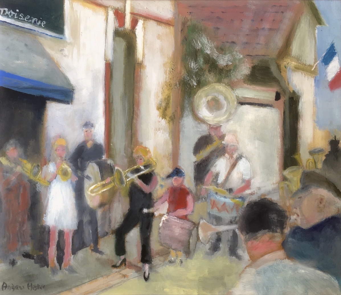 Painting by Andrew Hester - “ Town Band at Bar sur Seine”      Framed oil on board 27” x 24” 