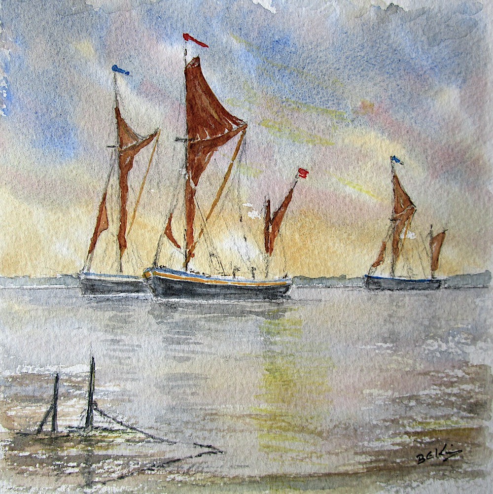 Painting - moored barges - morning by Bryan King, member Woodbridge Art Club