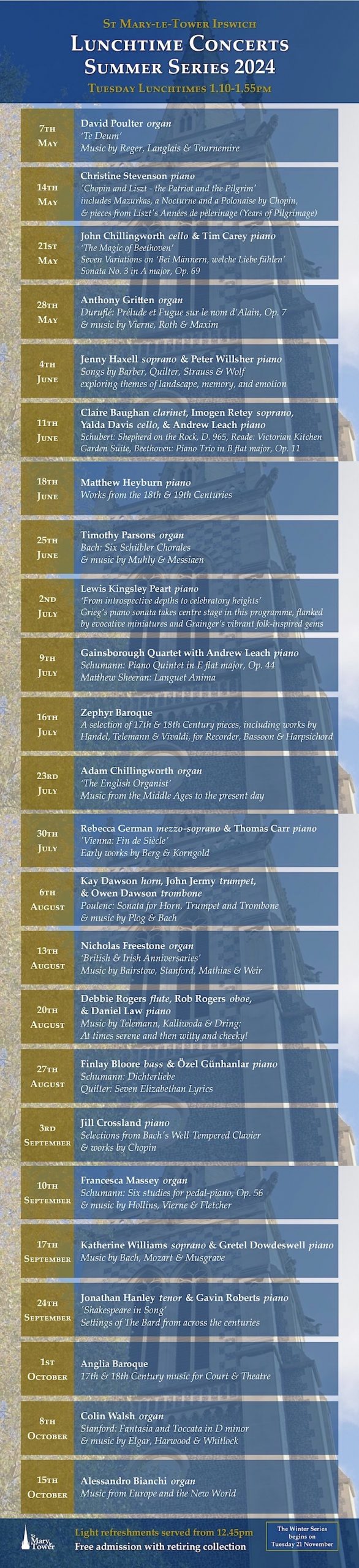 St Mary-le-Tower Church, Ipswich Lunchtime Concerts - Summer Series 2024 Tuesday Lunchtimes 1.10-1.55pm