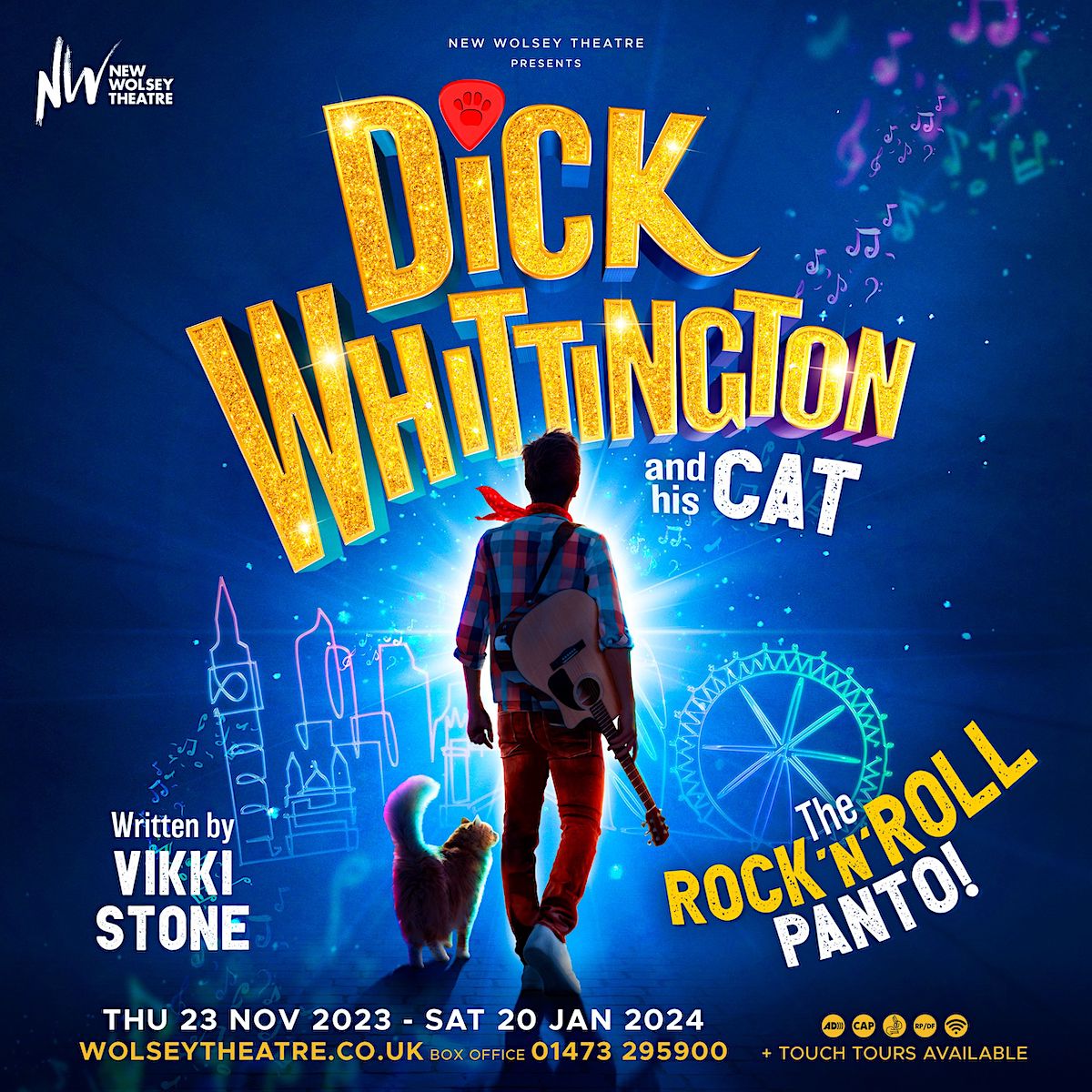 poster for new Wolsy theatre production od Dick whittington and his Cat - a Rock'n'Roll panto November 2023 - January 2024
