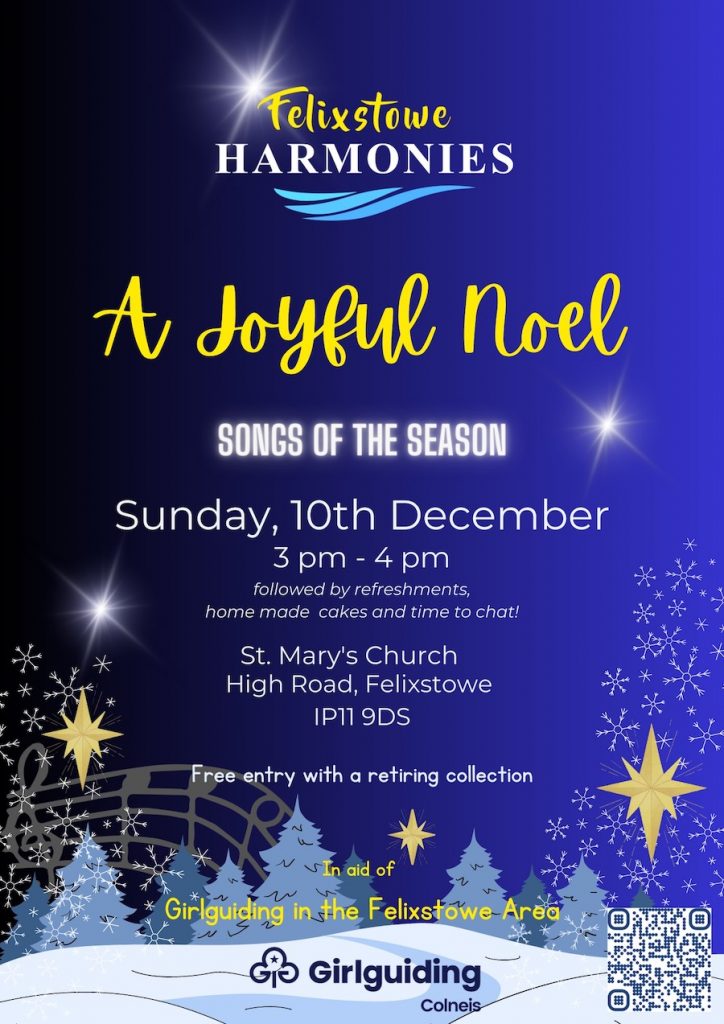 Poster for ~felixstowe Harmonies Concer -A Joyful Noel. Sunday 10th. December 2023. at 3-4pm. St Mary's church, Felixstowe