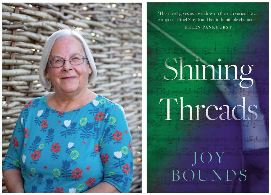 Author Joy Bounds and the cover of her new book Shining Threads.
